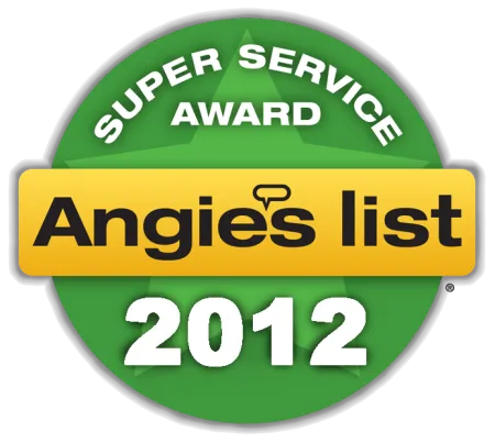 Angie's List Super Service Award 2012 badge with green circular background and yellow banner.