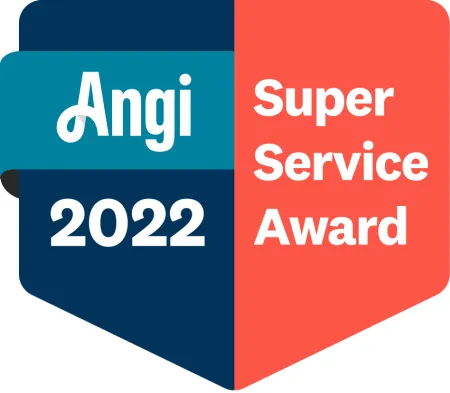 Angi 2022 Super Service Award logo with blue and orange shield design