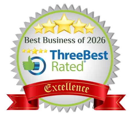 ThreeBest Rated Best Business of 2026 badge with gold stars and red Excellence ribbon.