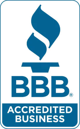 Blue BBB Accredited Business logo with torch symbol representing trust and reliability.