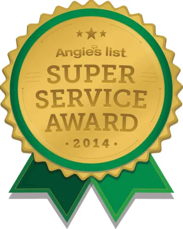 Angie's List Super Service Award 2014 gold seal with green ribbons and three stars