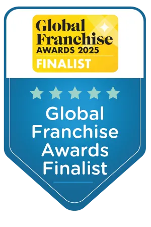 Global Franchise Awards 2025 Finalist badge in blue and yellow with five stars and bold text.