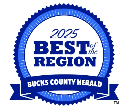 2025 Best of the Region award badge by Bucks County Herald with blue ribbon and circular design