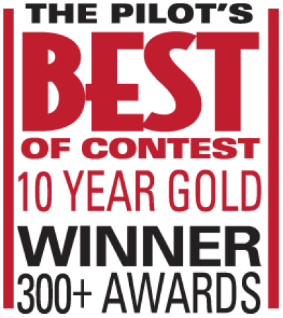 The Pilot's Best of Contest 10 Year Gold Winner with over 300 awards text logo in red and black.