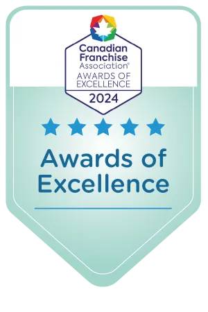 Canadian Franchise Association Awards of Excellence 2024 badge with five blue stars on teal shield