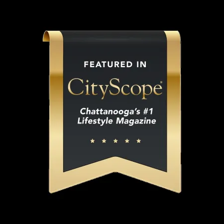 Black and gold ribbon badge highlighting CityScope Chattanooga's top lifestyle magazine feature with five stars.