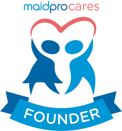 MaidPro Cares founder logo with two blue figures forming a heart and a blue ribbon below.