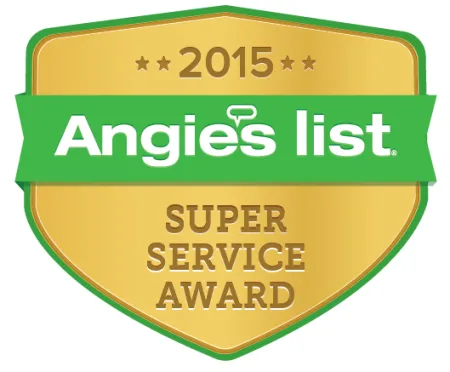 2015 Angie's List Super Service Award gold shield with green banner and brown text