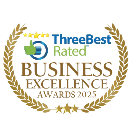 ThreeBest Rated Business Excellence Awards 2025 logo with gold laurel wreath and stars