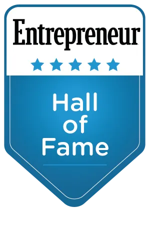 Entrepreneur Hall of Fame blue and white badge with five stars and rounded edges design.