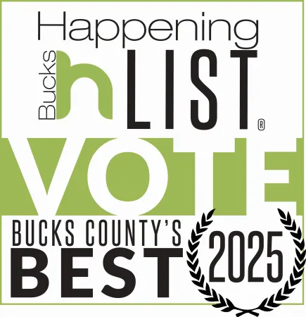 Bucks Happening List Vote Bucks County's Best 2025 logo with green and black text and laurel wreath.