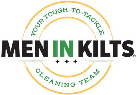 Men In Kilts cleaning team logo with circular design and text emphasizing tough-to-tackle cleaning services.