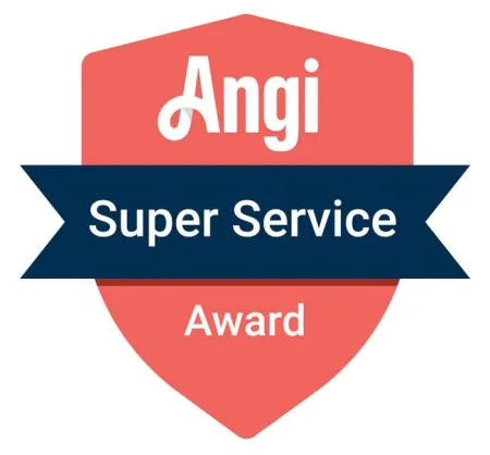 Angi Super Service Award badge with coral shield and navy banner