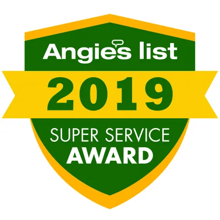 Angie's List 2019 Super Service Award badge in green and yellow shield design
