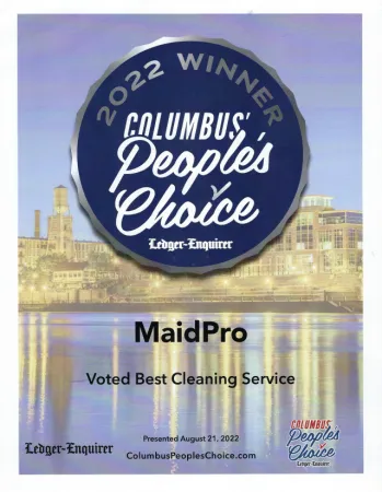 2022 Columbus People's Choice winner badge awarded to MaidPro for Best Cleaning Service with cityscape background.