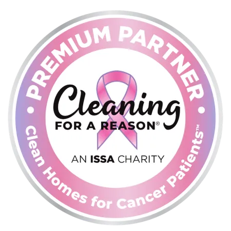 Cleaning For A Reason logo with pink ribbon promoting clean homes for cancer patients charity partnership.