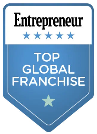 Entrepreneur badge displaying top global franchise recognition with five stars on blue and white ribbon.