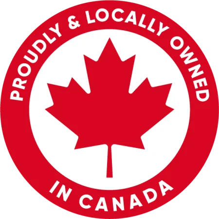 Red circular badge with a white maple leaf and text proudly and locally owned in Canada.