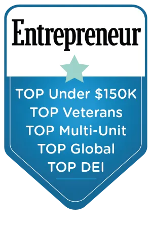 Entrepreneur award badge listing top categories including under $150K, veterans, multi-unit, global, and DEI recognition.