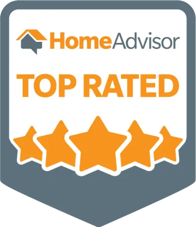 HomeAdvisor Top Rated badge with five orange stars and house logo on gray shield background