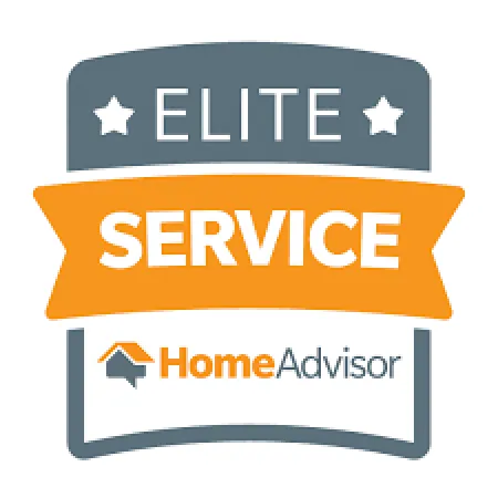 HomeAdvisor Elite Service badge featuring stars and bold orange ribbon design for top-rated service