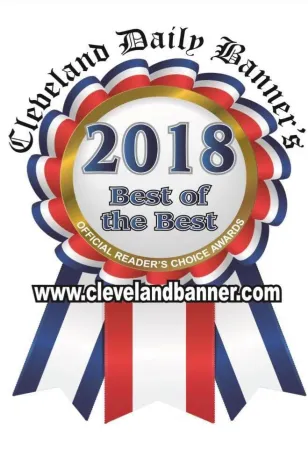 2018 Best of the Best award ribbon from Cleveland Daily Banner with red, white, and blue colors and website link.