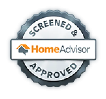 HomeAdvisor screened and approved silver badge with house icon and text in gray and orange colors.