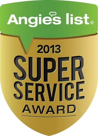 Angie's List 2013 Super Service Award gold badge with green header and bold black text badge design.