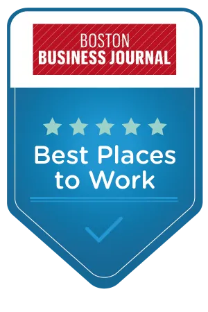 Boston Business Journal blue badge with five stars and text Best Places to Work