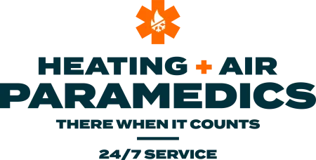 Heating + Air Paramedics logo with orange medical cross and flame icon, 24/7 HVAC service tagline