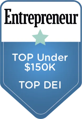 Entrepreneur badge for Top Under $150K and Top DEI with blue background and star graphic.