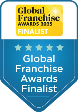 Global Franchise Awards 2025 Finalist badge with five stars in blue and yellow colors