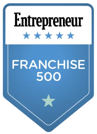 Entrepreneur Franchise 500 award badge with five blue stars and one larger star on a blue shield background.
