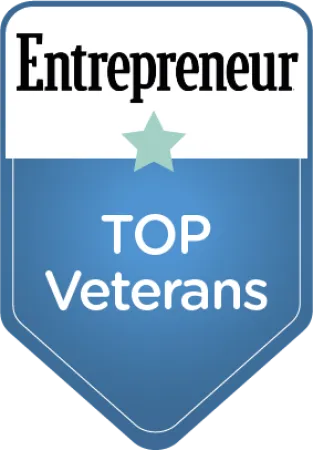 Entrepreneur magazine badge for Top Veterans award with blue background and a star icon