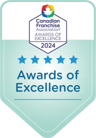 Canadian Franchise Association 2024 Awards of Excellence badge with five blue stars on a teal background.