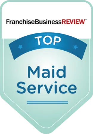 Franchise Business Review badge for top maid service with blue and green design elements.