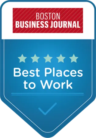 Boston Business Journal badge featuring five stars and text Best Places to Work on blue background.
