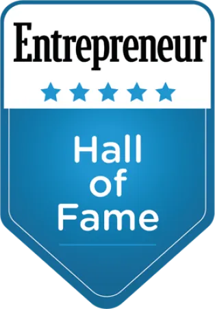 Entrepreneur Hall of Fame blue badge with five stars and white text on a shield background.