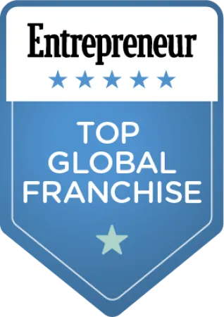 Entrepreneur magazine badge for Top Global Franchise with five stars on blue shield background