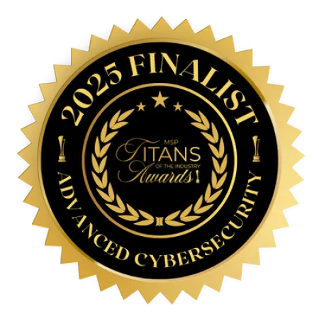 Gold and black seal for 2025 Finalist Titans Awards in Advanced Cybersecurity with laurel wreath and star.