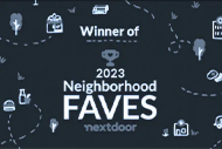 Winner of 2023 Neighborhood Faves award by Nextdoor with icons of trees, house, gift, and food on dark background.