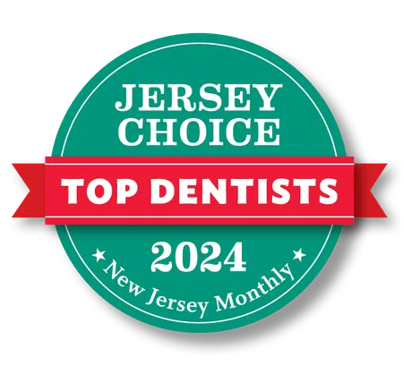 2024 Jersey Choice Top Dentists badge in green and red from New Jersey Monthly magazine
