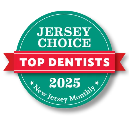 Jersey Choice Top Dentists 2025 badge from New Jersey Monthly with teal circle and red ribbon.