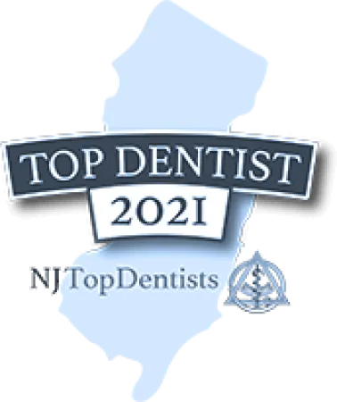 NJ Top Dentist 2021 badge with state of New Jersey shape and award text in blue.