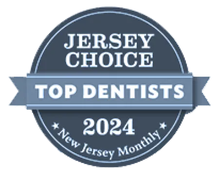 Jersey Choice Top Dentists 2024 badge from New Jersey Monthly magazine in blue and white colors.