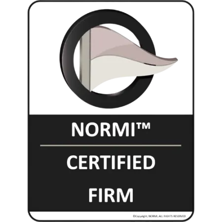 Black badge with a waving flag icon and text stating Normi Certified Firm below the flag.