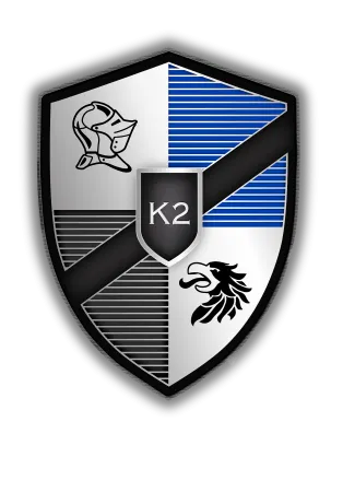 Shield emblem divided into four quadrants with knight helmet, blue stripes, black lion, and K2 crest center.