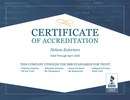 Certificate of Accreditation for Nelson Exteriors valid through 2026 with BBB trust standards listed.