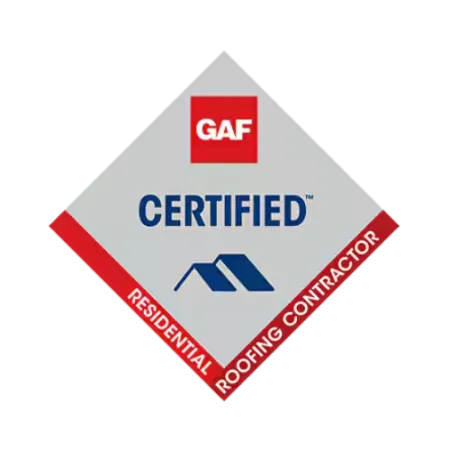GAF Certified Residential Roofing Contractor badge with red, blue, and gray elements in diamond shape.