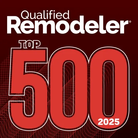 Qualified Remodeler Top 500 2025 award graphic with bold red and white text on dark background